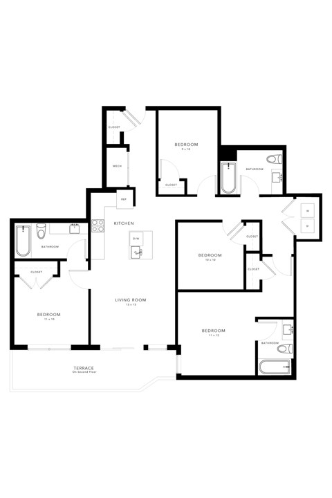 Floor plan for 4 beds, 3 baths, 1271 sqft